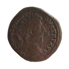 Sestertius of Marcus Aurelius (121–180; Roman emperor 161–180). Obverse: Head of Marcus Aurelius