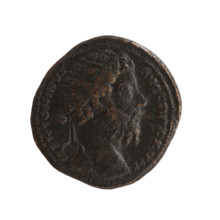 Dupondius of Marcus Aurelius (121–180; Roman emperor 161–180). Obverse: head of Marcus Aurelius in