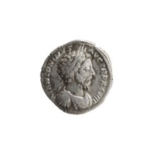 Denarius of Marcus Aurelius (121–180; Roman emperor 161–180). Obverse: Bust of Marcus Aurelius in
