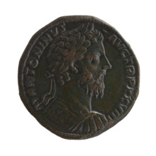 Sestertius, Marcus Aurelius (121–180; Roman emperor 161–180) (issuer). Obverse: Bust of Marcus