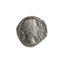 Denarius of Marcus Aurelius (121–180; Roman emperor 161–180). Obverse: Head of Marcus Aurelius with