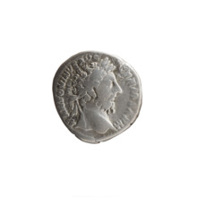 Denarius of Marcus Aurelius (121–180; Roman emperor 161–180), 175 CE. Obverse: Head of Marcus