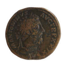 Sestertius of Marcus Aurelius (121–180; Roman emperor 161–180), struck 174–175. Obverse: head of