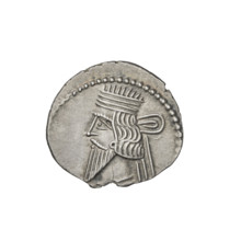 Drachma of Vologases I (51–79). Obverse: bust of Vologases I facing left, wearing a diadem, with a