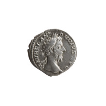 Denarius of Marcus Aurelius (121–180; Roman emperor 161–180), 177–178. Obverse: Head of Marcus
