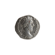 Denarius of Marcus Aurelius (121–180; Roman emperor 161–180). Obverse: Bust of Marcus Aurelius in