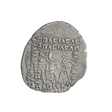 Drachma of Vardanes II (55–58). Obverse: frontal tiara-wearing head of Vardanes II with two stars