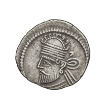 Drachma of Vologases II (77–80). Obverse: head of Vologases II turned left, wearing a tiara