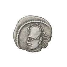 Drachma, Vologases II (77–80). Obverse: bust of Vologases II wearing a diadem and a tiara decorated
