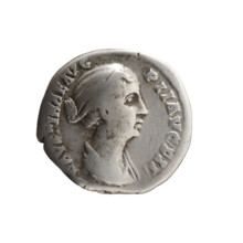 Denarius of Faustina the Younger (ca. 130–176; Roman empress 161–176). Obverse: draped bust of