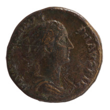 Sestertius of Faustina the Younger (ca. 130–176; Roman empress 161–176; Augusta 147–161). Obverse: