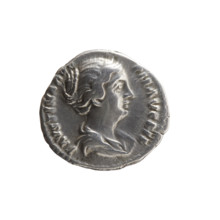 Denarius depicting Faustina the Younger (ca. 130–176; Roman empress 161–176), obverse: draped bust