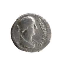 Denarius of Faustina the Younger (ca. 130–176; Roman empress 161–176). Obverse: Draped bust of