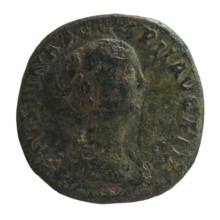 Sestertius of Faustina the Younger (ca. 130–176; Roman empress 161–176; Augusta 147–161). Obverse: