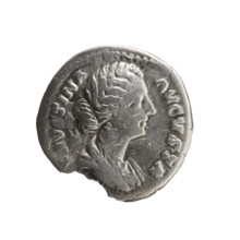Denarius of Faustina the Younger (ca. 130–176; Roman empress 161–176). Obverse: Bust of Faustina II