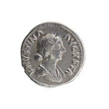Denarius depicting bust of Faustina II in drapery facing right with inscription FAVSTINA • AVGVSTA;