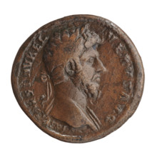 Sestertius of Lucius Verus (130–169; Roman emperor 161–169). Obverse: head of Lucius Verus with