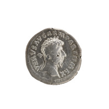 Denarius of Lucius Verus (130–169; Roman emperor 161–169), issued 165. Obverse: Head of Lucius