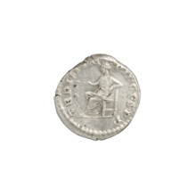 Denarius of Commodus (reign 177–192). Obverse: Bust of Commodus wearing laurel wreath, drapery and