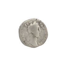 Denarius of Commodus (161–192 CE). Obverse: head of Commodus in a laurel wreath facing right,