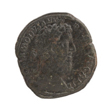 Sestertius of Commodus (161–192; Roman emperor 177–192). Obverse: Head of Commodus in a laurel