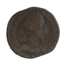 Sestertius of Commodus (reigned 177–192). Obverse: Head of Commodus in a laurel wreath to the