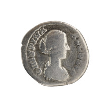 Denarius; obverse: bust of Crispina in drapery facing right, inscription CRISPINA AVGVSTA; reverse: