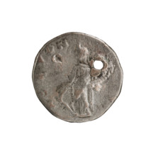 Denarius (with a hole). Obverse: Head of Septimius Severus with a laurel wreath facing right, pearl