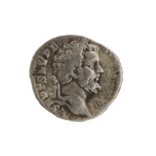Denarius; obverse: Head of Septimius Severus in a laurel wreath facing right, inscription L SEPT