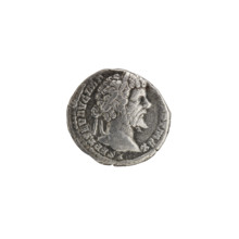 Denarius; Obverse: Head of Septimius Severus in a laurel wreath facing right, pearl rim; legend