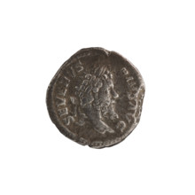 Denarius showing standing emperor and tripod iconography. Obverse: SEVERVS PIVS AVG — head of