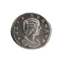 Denarius of Julia Domna (ca. 160–217), Roman empress 193–211. Obverse: IVLIA AVGVSTA — bust of