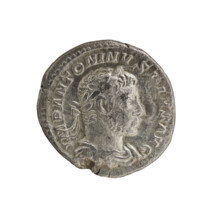 Denarius of Elagabalus (reigned 218–222). Obverse: Bust of Elagabalus with a laurel wreath and