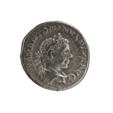 Denarius of Elagabalus (reigned 218–222). Obverse: Bust of Elagabalus with laurel wreath and