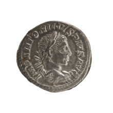 Denarius of Elagabalus (reigned 218–222). Obverse: Bust of Elagabalus with laurel wreath and