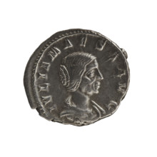 Denarius, Elagabalus (204–222; Roman emperor 218–222). Obverse: IVLIAMAESAAVG — Draped bust of