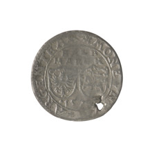 Livonian half-mark (half-fine), ca. 1573. Obverse inscription: HALB/MARCK; two heraldic shields