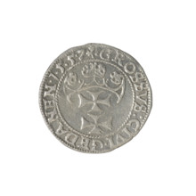 Gdansk grosz, Sigismund II Augustus (King of Poland; 1544–1572). Obverse: Crowned male bust in