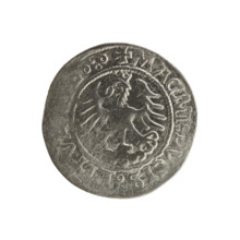 Lithuanian half-grosz, Sigismund I the Old (king of Poland; 1506–1548). Obverse: Pogon (Lithuanian