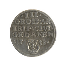 Gdansk trojak, Sigismund I the Old (King of Poland; 1506–1548). Polish coin (1538). Obverse:
