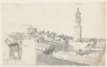Innsbruck — Town Hall and Stadtturm from a bird's-eye view, Folpert van Ouden Allen (1635–1715),