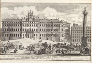 Prospetto, e veduta del palazzo della curia Romana per residenza de tribunali nuovamente fabricato