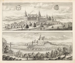 Grääsnääs, Nääs, View of Gräfsnäs Castle and Nääs Castle, Suecia Antiqua et Hodierna, print, album
