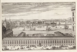 Equile Regium auspicio Regis Caroli XI, built on Helgeandsholmen in Stockholm. Behind it ships on