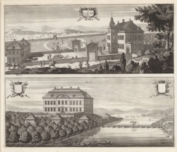 View of Åkeshov Palace and Adö Manor, Åkehof, Ådöö, Suecia Antiqua et Hodierna, print, album page,