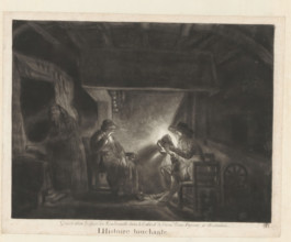 Interior with a man reading aloud, L'Histoire touchante, print, album page, A simple interior with