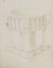Photo reproduction of a drawing of the baptismal font in the Old St. Victor Church in Batenburg,
