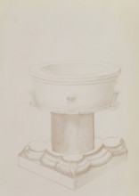 Photo reproduction of the drawn baptismal font of the church of Leur, photograph, reproduction,