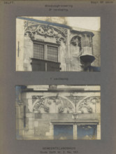 Windows of the Gemeenlandshuis on the Oude Delft in Delft decorated with arches and leaf motifs,