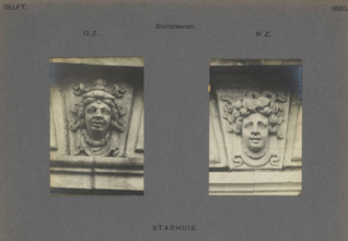 Town Hall. Keystones, Two keystones of the town hall in Delft, decorated with heads, photograph,